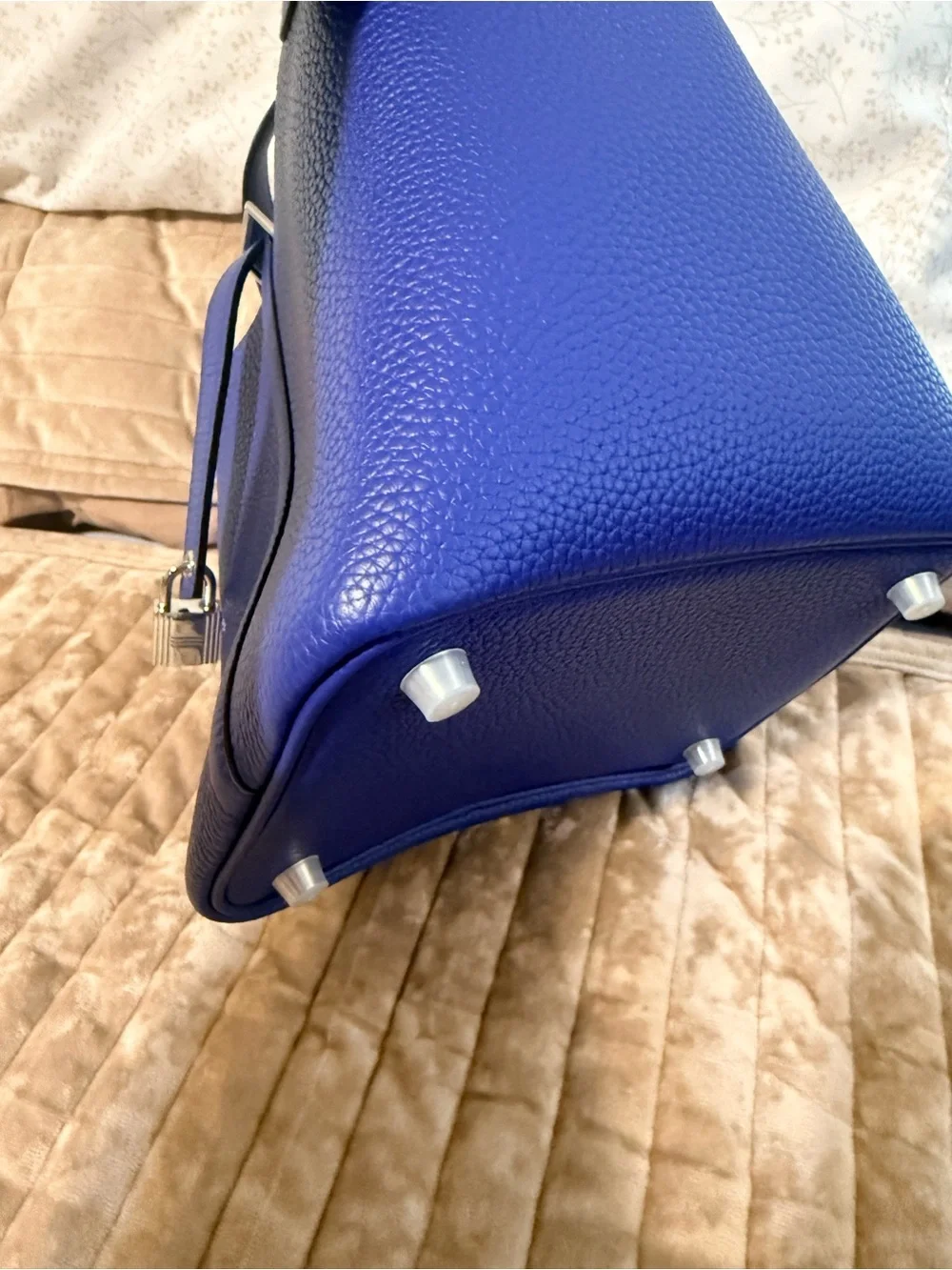 Pebbled Leather Small Tote in Royal Blue with Top Handles